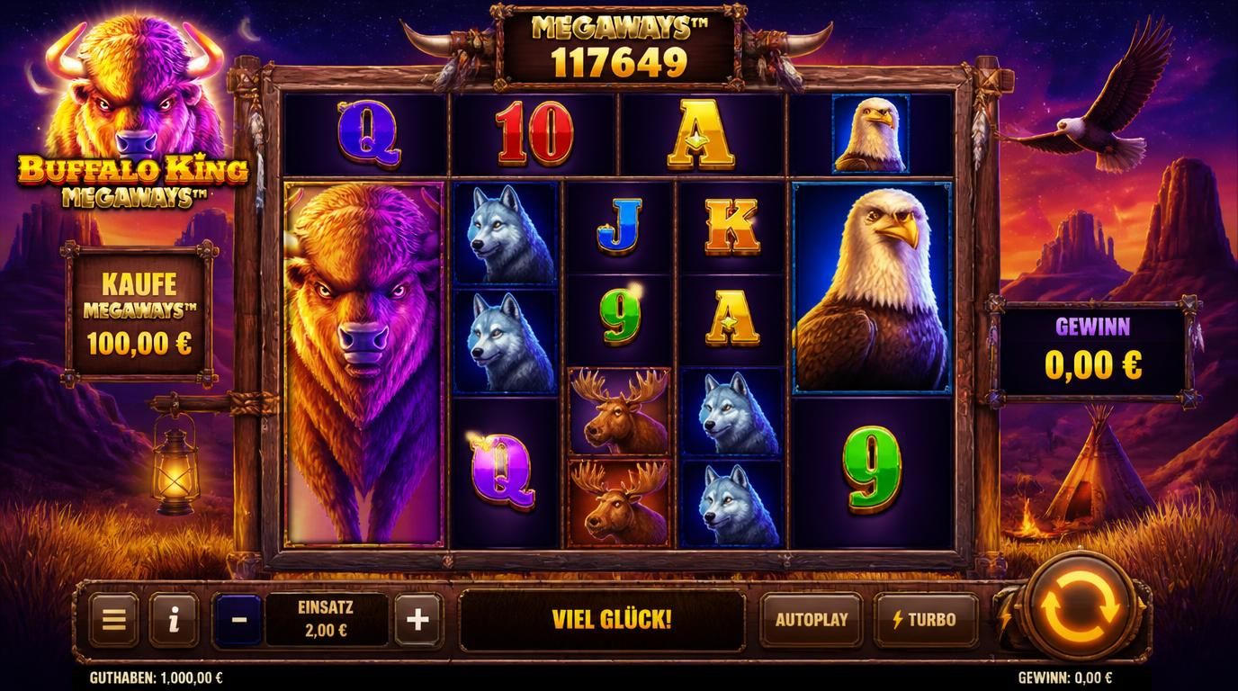 Eine Slot-Oberfläche mit Büffel-Symbolen, Megaways-Anzeige und klaren Steuerbuttons, vor Prärie-Hintergrund