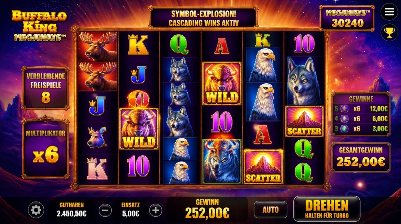 Slot-Walzen mit tierischen Symbolen, Wilds, Scatter und Multiplizierer zeigen Spielregeln und Features