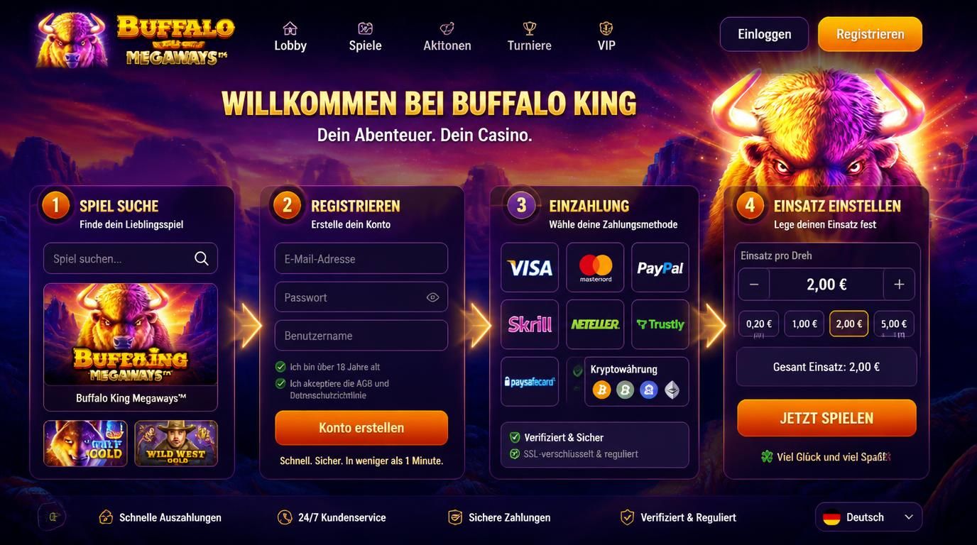Verlauf von Anmeldung bis Einzahlung mit Icons und Buttons
